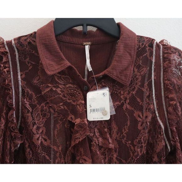 Free People OB1501032 Women's Sz S Wine Red This Shirt Tho Lace L/S Blouse $98 - Picture 3 of 8